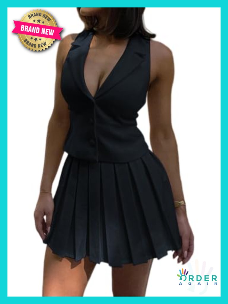 Women's Sleeveless Blazer Vest & Pleated Mini Skirt Suit Set 2 Piece Outfit